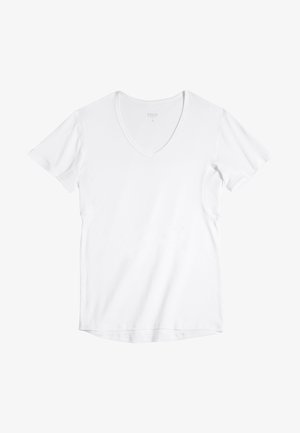Weißes Kurzarm-V-Ausschnitt-T-Shirt aus weich fallendem Stoff, mit leicht abgerundetem Saum und nahtlosen Seitenpaneelen. Glatte Textur im gesamten Shirt.