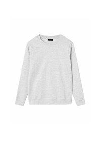Grauer Pullover mit langen Ärmeln, rundem Halsausschnitt und gerippten Bündchen und Saum. Hergestellt aus einem weichen, strukturierten Stoff in einer einfarbigen Ausführung.