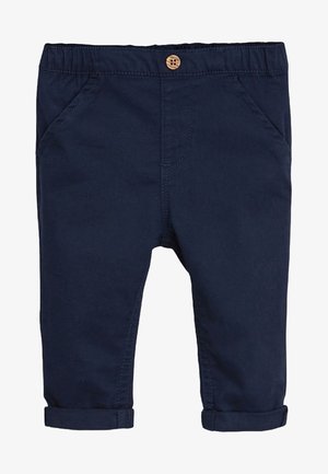 Marineblauwe peuterbroek met elastische tailleband, houten knoop, zijzakken en opgerolde boorden.