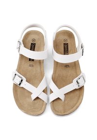 Sandali bianchi in pelle con fascette incrociate e fibbia regolabile. Soletta in morbido color nocciola con texture liscia. Taglia 37. Design casual classico.