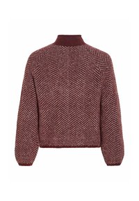 Pull en maille bordeaux et blanc à motif chevron, manches longues et col montant côtelé, vu de dos.