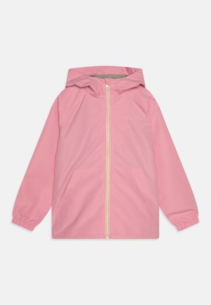 Pink rain jacket with a hood, featuring a full front zipper, elastic cuffs, and two side pockets. Smooth, lightweight material.
