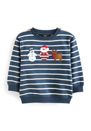 Børns sweater i marineblå og hvide striber med broderet snemand, julemand og rensdyr med rød næse på brystet.