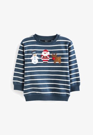 Pull en rayures bleu marine et blanc pour enfants, avec un bonhomme de neige brodé, le Père Noël et un renne au nez rouge sur la poitrine.