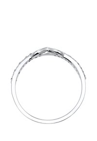 Silver ring med en slät, rundad band och en böjd topp, med små upphöjda detaljer längs sidorna för extra detaljer.