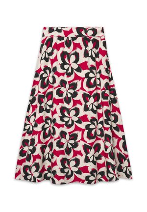 Jupe midi évasée avec motif floral noir et blanc audacieux sur fond rouge vif, taille haute et tissu fluide.
