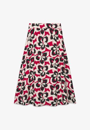 Jupe midi évasée avec motif floral noir et blanc audacieux sur fond rouge vif, taille haute et tissu fluide.