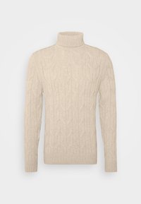 Jersey de cuello alto beige con un patrón de punto texturizado, puños y dobladillo acanalados. Hecho de una tela suave, presenta una silueta ajustada.