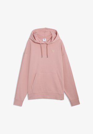 Roze hoodie met een voorzak, verstelbare capuchon met trekkoord, lange mouwen en een klein Puma-logo op de borst.