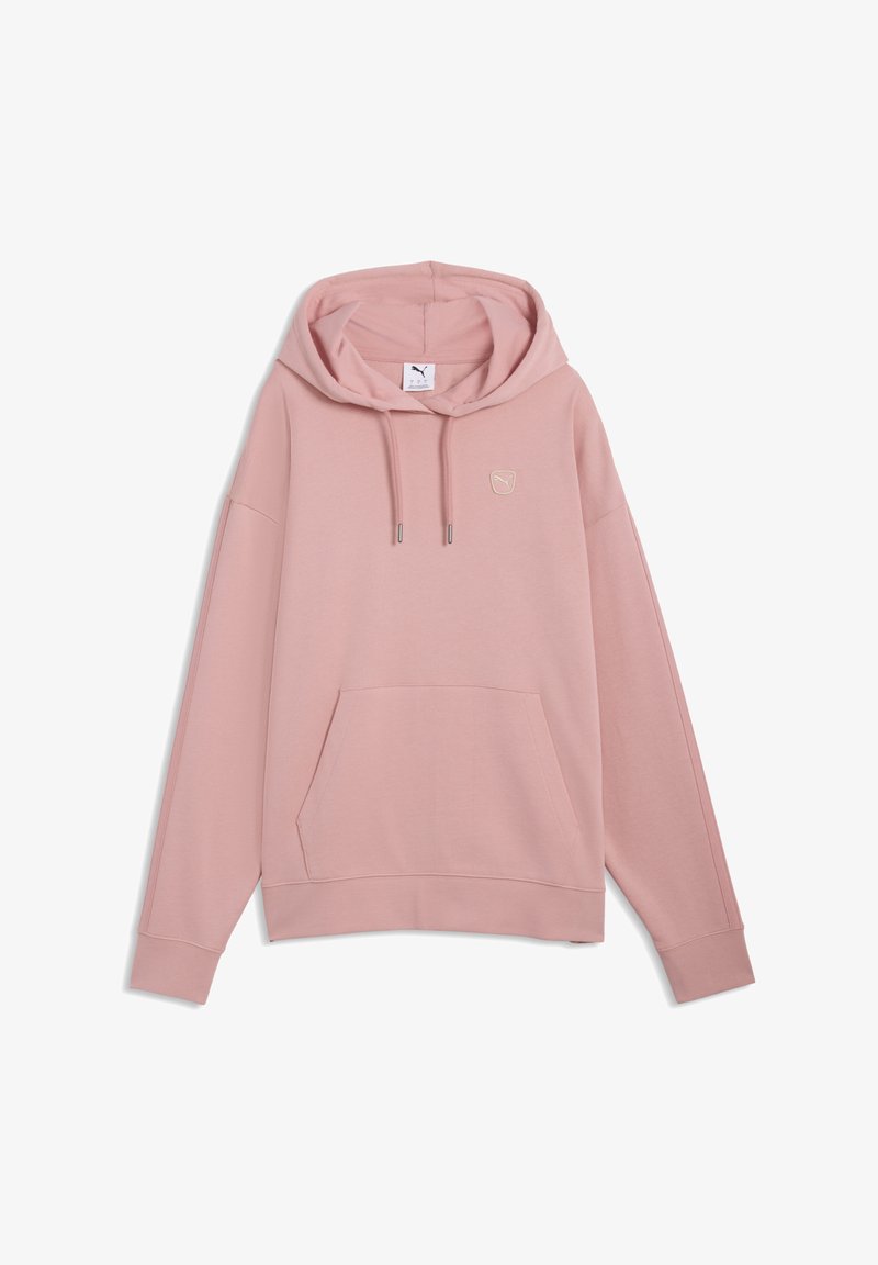 Felpa con cappuccio rosa con tasca frontale, coulisse regolabile, maniche lunghe e piccolo logo Puma sul petto.