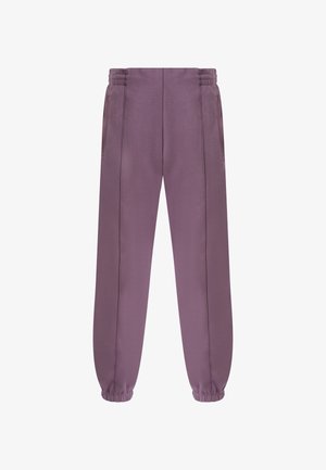 Pantalones deportivos morados con cintura y puños elásticos, bolsillos laterales y detalles de costuras sutiles a lo largo de las piernas.