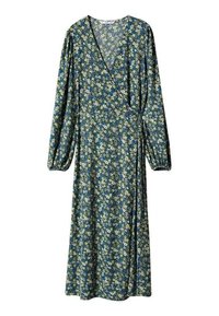 Wickeldress in Blau mit floralem Muster, langen Ärmeln und einem Bindeband in der Taille. Hergestellt aus leichtem, strukturiertem Gewebe.