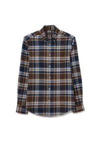 Camicia a maniche lunghe con motivo a quadri marrone e blu, colletto con bottoni, caratterizzata da dettagli bianchi e un orlo leggermente curvo. Realizzata in tessuto morbido.