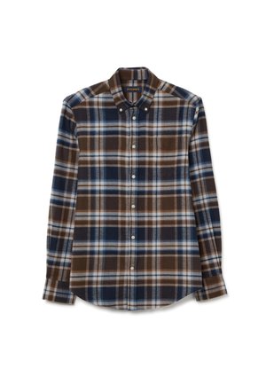 Braun-blau kariertes Hemd mit langen Ärmeln, Button-Down-Kragen, weiße Akzente und leicht geschwungener Saum. Hergestellt aus weichem Stoff.