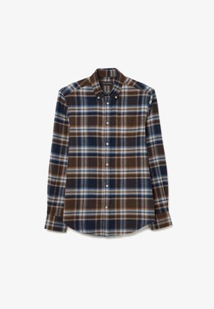 Bruin en blauw geruit overhemd met lange mouwen, knoopkraag, voorzien van witte accenten en een licht gebogen zoom. Gemaakt van zachte stof.