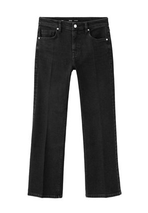 Zwarte denim jeans met rechte pijpen, vijf zakken, riemlussen en een knoop- en ritssluiting aan de voorkant.