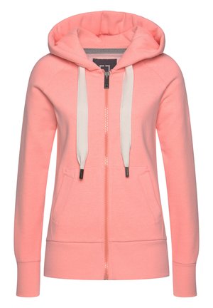 Hooded zip-up sweatshirt in soft coral fabric. Features a full front zipper, white drawstrings, and two side pockets. Ribbed cuffs and hem.