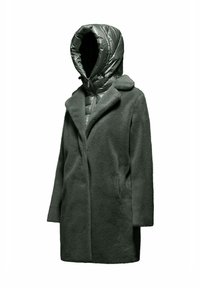 Verpakt groene jas met een faux fur buitenkant, een glanzende, ritssluitende capuchon en een ingesneden kraag, met een rechte snit en zijzakken.