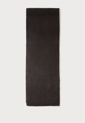 Dark brown ribbed knit rectangular scarf laid flat on a light background.