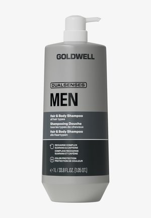 Goldwell Dualsenses Men Haar- und Körpershampoo mit Guarana und Koffein, Farbschutz, in einer grauen 1-Liter-Pumpflasche.