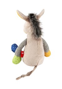 Gray plush donkey toy with yellow inner ears, colorful patterned limbs—blue with stars, green with polka dots, and orange with sprinkles.