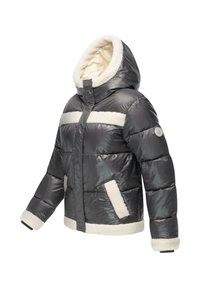 Puffy jakke i shiny mørkegrå med en cremet faux fur-foring og detaljer. Har hætte, lynlås lukning og sidelommer.