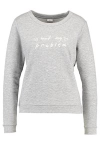 Grå sweatshirt med långa ärmar, rundhalsad och texten "inte mitt problem" i vitt. Tillverkad av mjukt, strukturerat tyg.