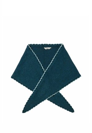 Bufanda de lana triangular de color verde azulado oscuro con bordes festoneados en azul claro, extendida en posición cruzada sobre fondo blanco.