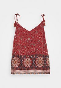 Camisola rossa floreale con spalline regolabili. Presenta un orlo inferiore con motivi decorati e bordi a contrasto. Tessuto leggero.