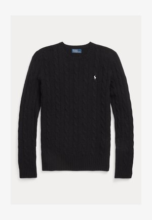 Čierny sveter s pleteným vzorom a dlhými rukávmi, so malým bielym logom Polo Ralph Lauren na ľavej hrudi.