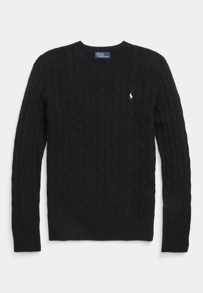 Melna adīta džemperis ar garām piedurknēm un nelielu baltu Polo Ralph Lauren logo kreisajā krūtī.
