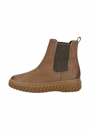 Brown leather ankle boots with elastic side panels, textured fabric accents, and a thick, ridged rubber sole.