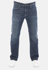 Jeans in denim con un lavaggio blu scuro e una vestibilità dritta, dotati di cinque tasche, chiusura con zip e dettagli di cucitura in evidenza.