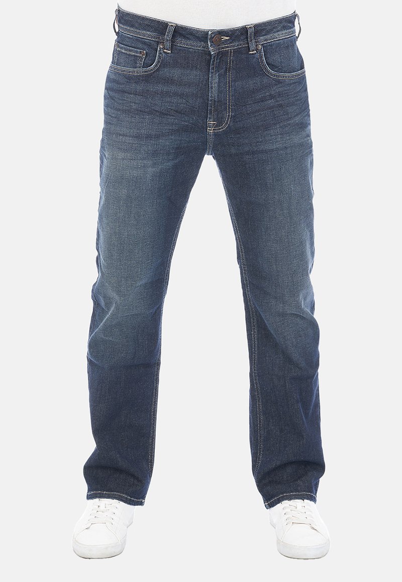 Jeans in denim con un lavaggio blu scuro e una vestibilità dritta, dotati di cinque tasche, chiusura con zip e dettagli di cucitura in evidenza.