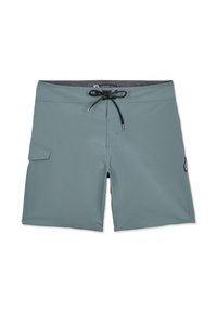 Shorts de bain pour hommes bleu gris clair avec cordon de serrage noir et rabat de poche latérale, présentés sur fond blanc.
