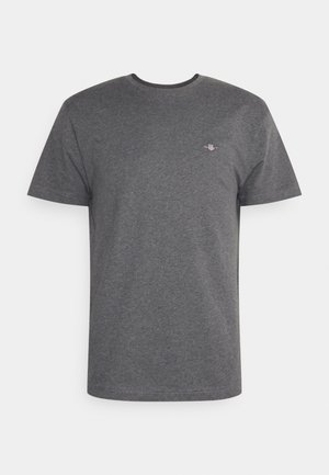 Gray cotton t-shirt with short sleeves, round neck, and a small embroidered logo on the left chest. Smooth texture, casual fit.