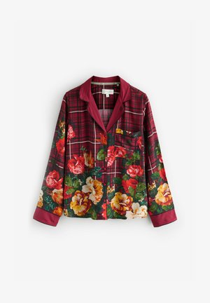 Paita pyjamas, jossa on kukkakuosi ja viininpunainen ruutukuvio, jossa on kirkkaat kukat punaisina, keltaisina ja vihreinä. Satiiniä oleva kaulus ja hihansuut.