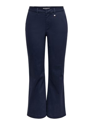 Pantaloni da donna blu navy a gamba dritta con passanti per cintura, tasche frontali e chiusura frontale con bottone.