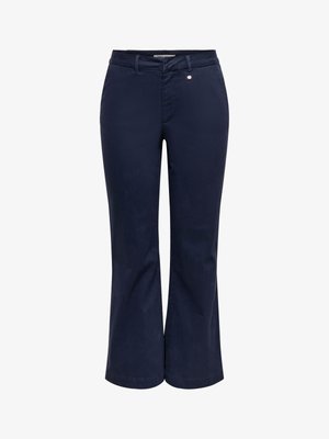 Pantaloni da donna blu navy a gamba dritta con passanti per cintura, tasche frontali e chiusura frontale con bottone.