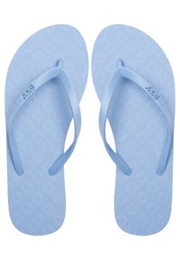Light blue flip-flops with textured footbed and thin straps. Material is flexible rubber. Contains a repeated heart pattern on the surface.