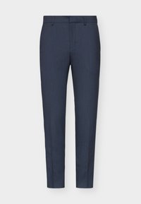 Námořnické modré kalhoty na míru s hladkým povrchem, slim fit, s ústředním skladem a poutky na pásek. Materiál má jemný tkaný vzor.