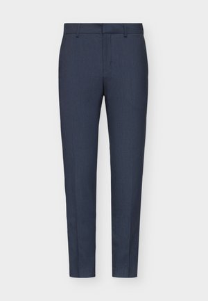 Navy blue tailored trousers with a smooth texture, slim fit, central crease, and belt loops. Fabric features a subtle woven pattern.