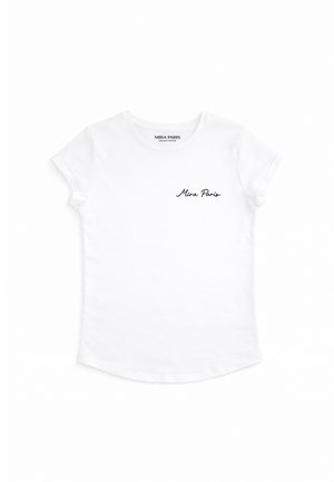 T-shirt blanc en coton à manches courtes avec « Mira Paris » brodé en écriture noire sur la poitrine gauche.