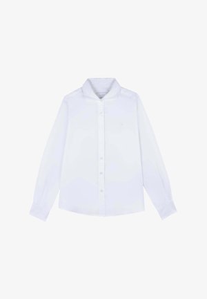 Weißes Langarm-Hemd mit Knopfverschluss und klassischem Kragen, aus glattem Stoffmaterial mit kleinem Logo auf der Brust.