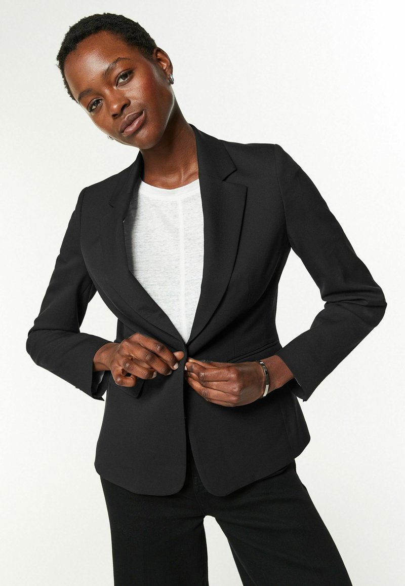 Black tailored blazer with notched lapels, single-button closure, and long sleeves, styled over a white textured shirt.