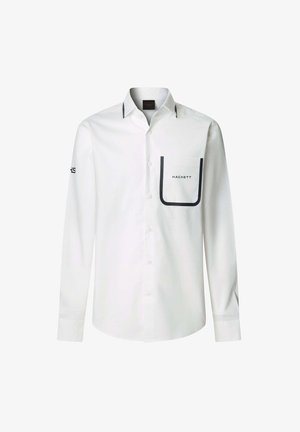 Witte blouse met lange mouwen en knoopsluiting, borstzak omlijnd met marineblauw en "HACKETT" logo. Glad stof en slim fit.