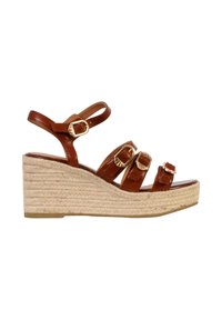 Sandales compensées en cuir marron avec trois brides ajustables et des détails en métal doré, dotées d'une semelle plateforme en jute tressé.