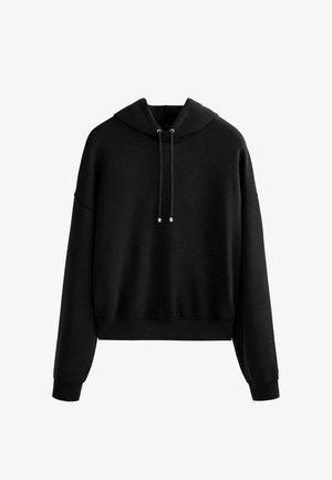 Sweat à capuche noir avec cordons de serrage, coupe décontractée, manches longues et poignets côtelés. Fabriqué en matériau doux et texturé.