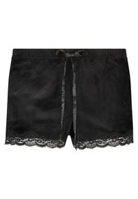 Schwarze Satin-Shorts mit Spitze am Saum, die mit einem vorderen Band verknüpft werden können und eine glatte Textur aufweisen. Einfaches Design mit einem femininen Touch.