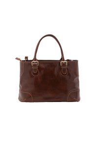 Borsa a tracolla in pelle marrone con doppie maniglie, cuciture chiare in contrasto e angoli leggermente arrotondati. Dotata di chiusura con zip e accenti laterali.